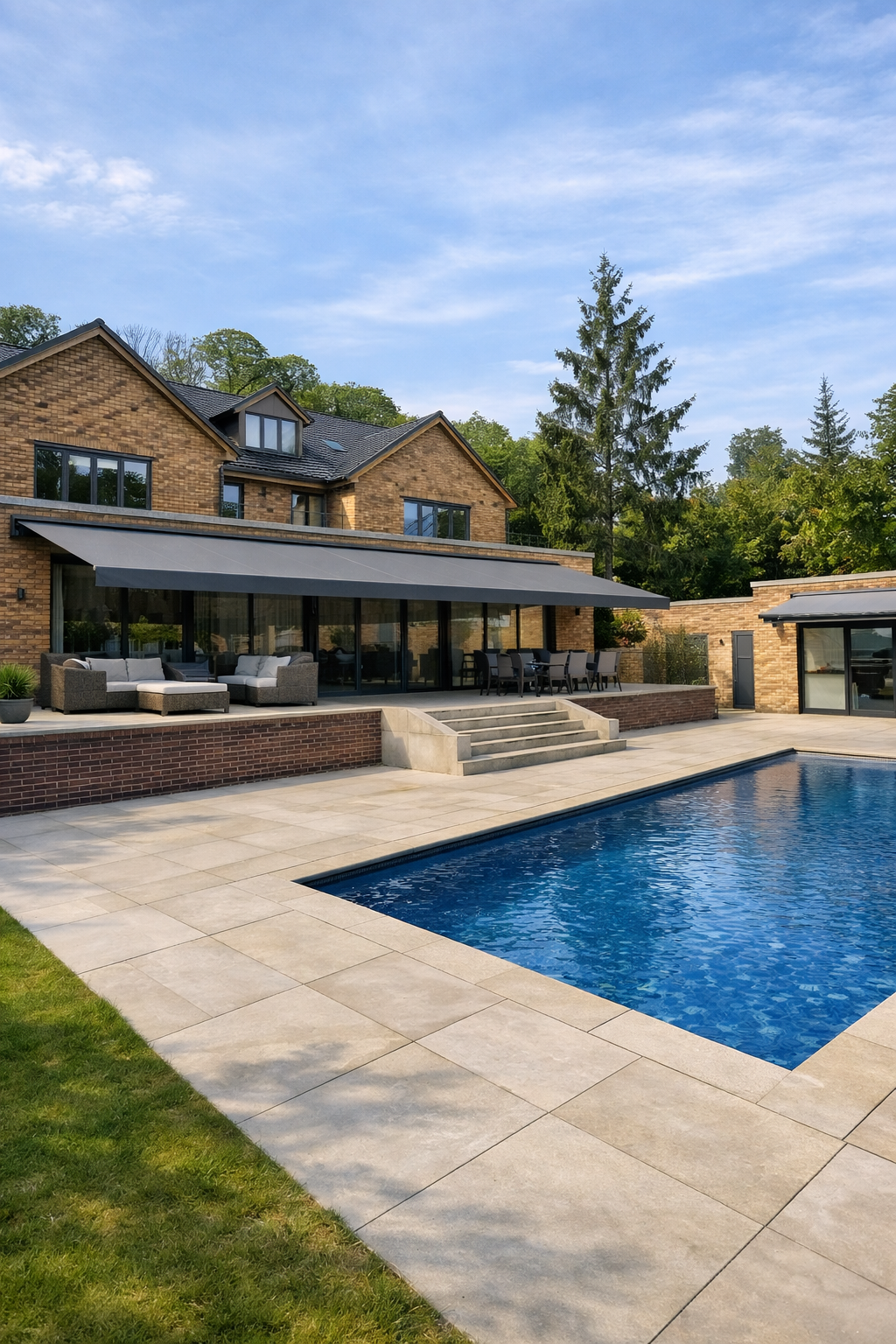 Large-scale retractable commercial awnings creating a sheltered outdoor space inspired by luxury outdoor living design
